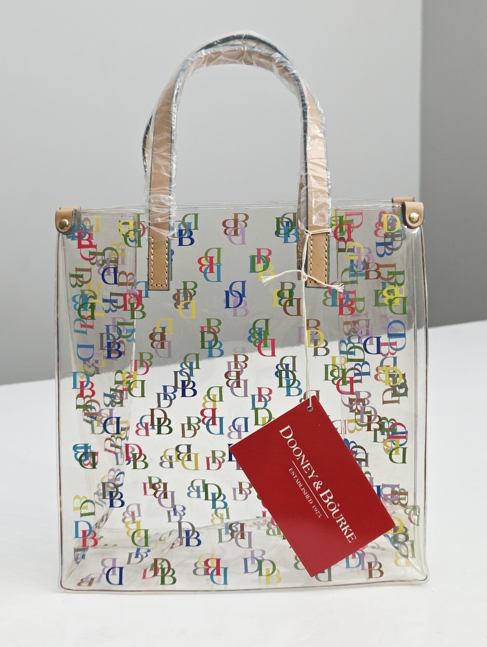 Dooney & Bourke Clear Tote with Multicolor Logo Print and Tan Handles